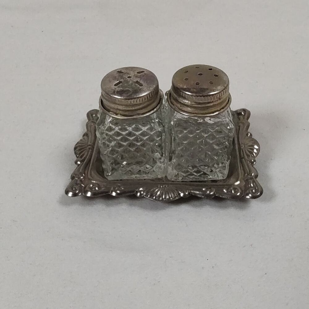 Vintage Mini Cut Glass Salt and Pepper Shaker Set with Orante Silver Tone Tray